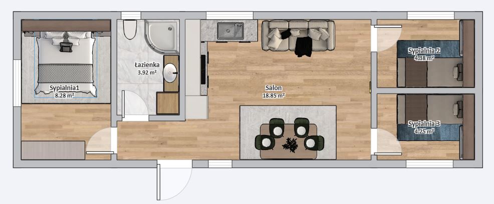 Dom modułowy 4m x 12m Wariant D - Plan z meblami
