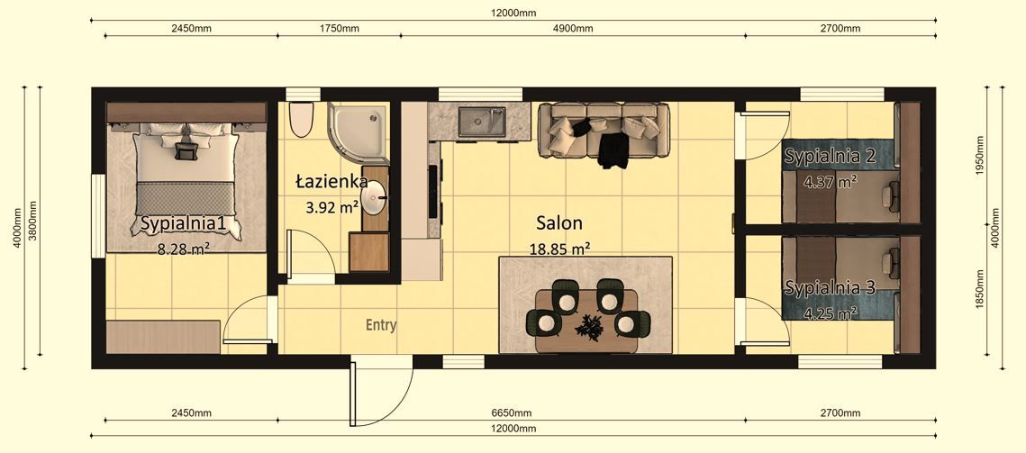 Dom modułowy 4m x 12m Wariant D - Plan z wymiarami
