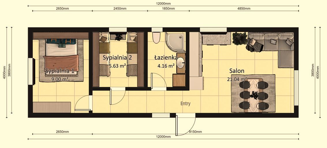 Dom modułowy APOLLO 4m x 12m Wariant A - Plan z wymiarami
