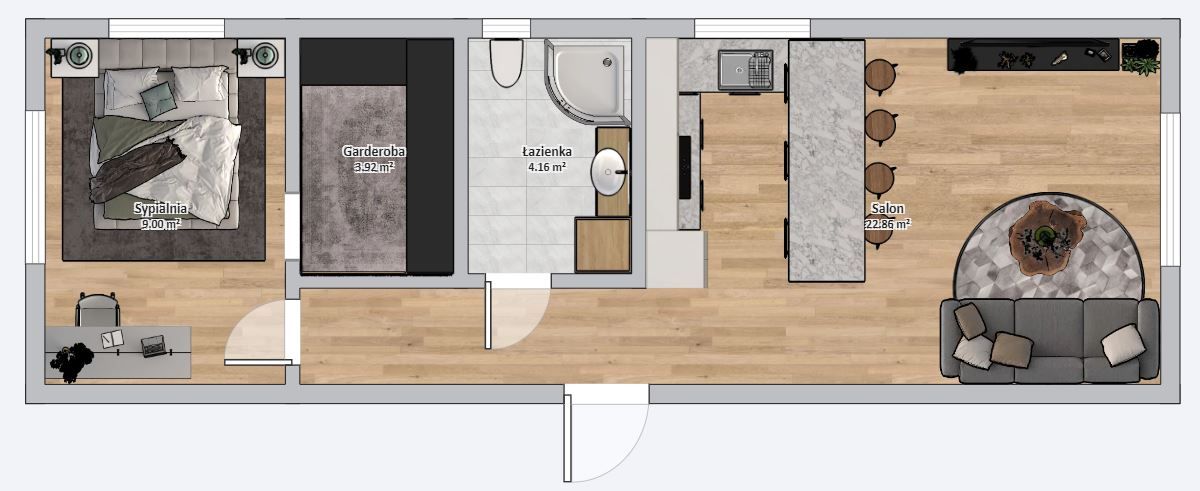 Dom modułowy Apollo 4m x 12m Wariant B - Plan z meblami