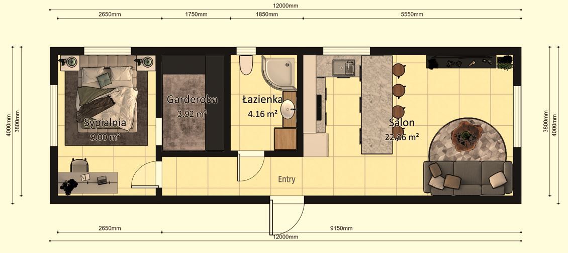 Dom modułowy Apollo 4m x 12m Wariant B - Plan z wymiarami