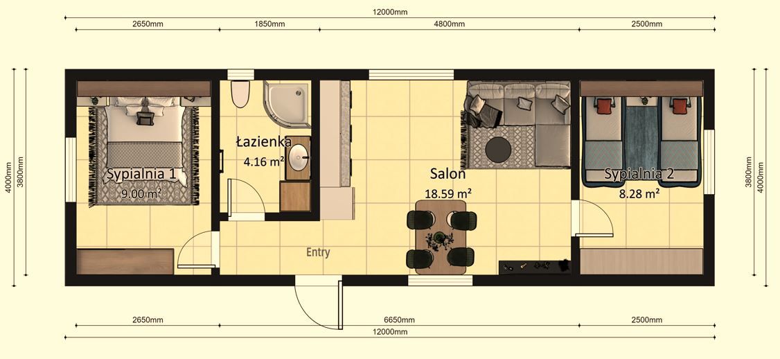 Dom modułowy Apollo 4m x 12m Wariant C - Plan z wymiarami