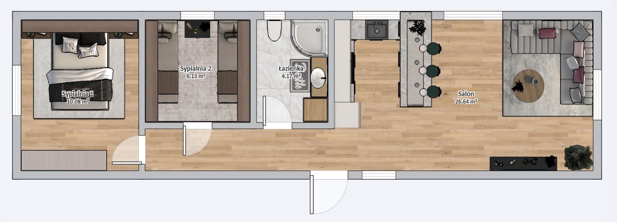 Dom modułowy POSEJDON 4m x 14m Wariant A - Plan z meblami