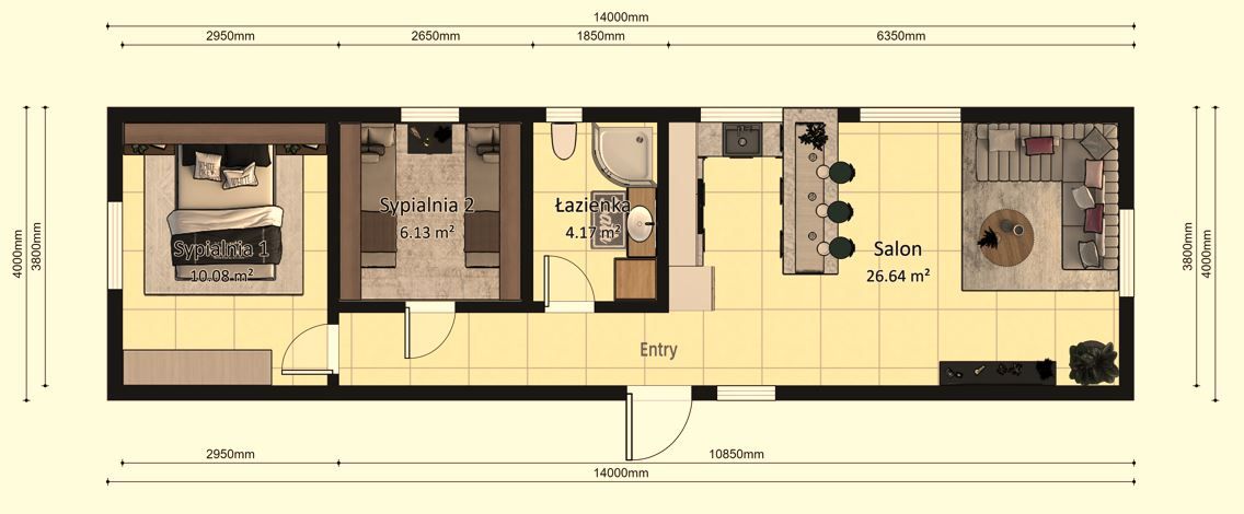 Dom modułowy POSEJDON 4m x 14m Wariant A - Plan z wymiarami