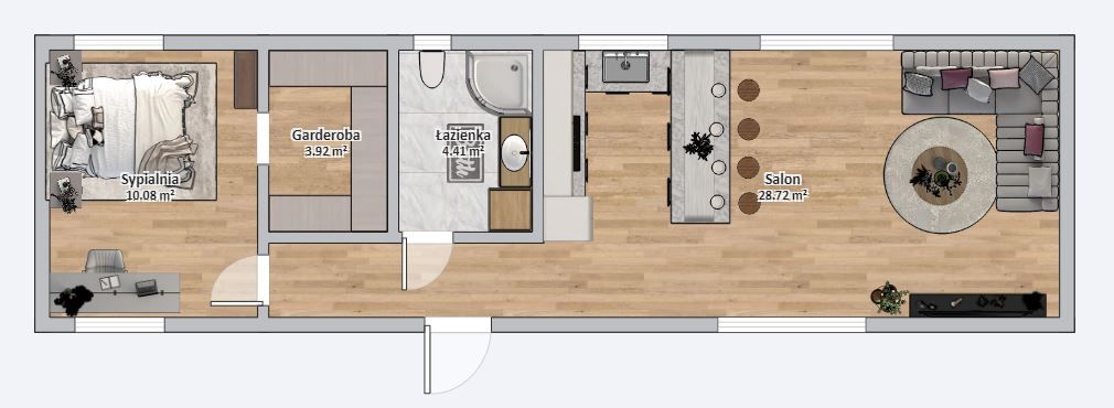 Dom modułowy POSEJDON 4m x 14m Wariant B - Plan z meblami
