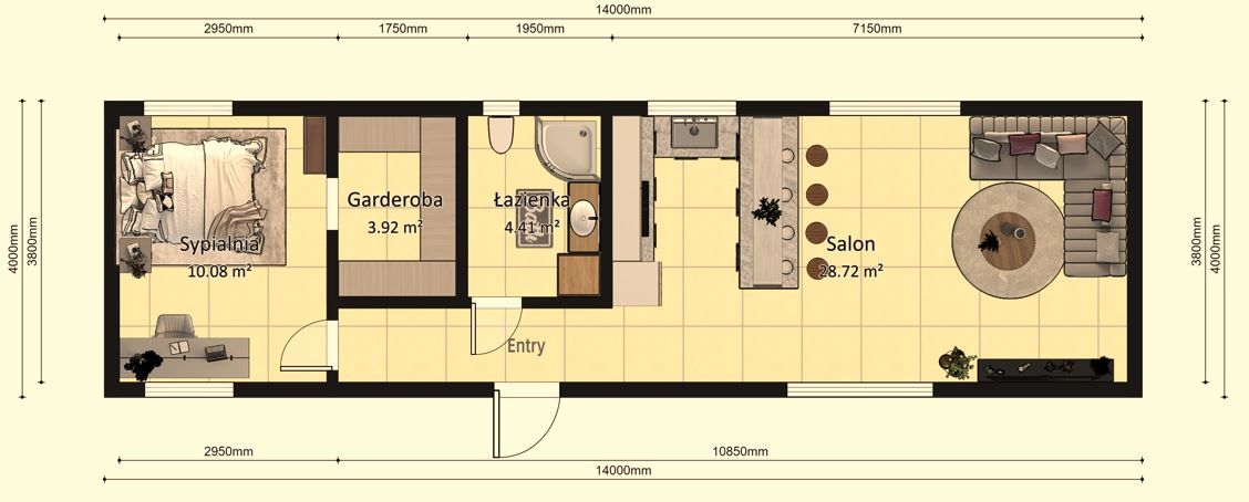 Dom modułowy POSEJDON 4m x 14m Wariant B - Plan z wymiarami