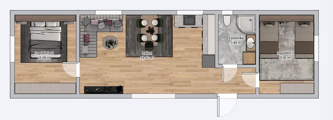 Dom modułowy POSEJDON 4m x 14m Wariant C - Plan z meblami