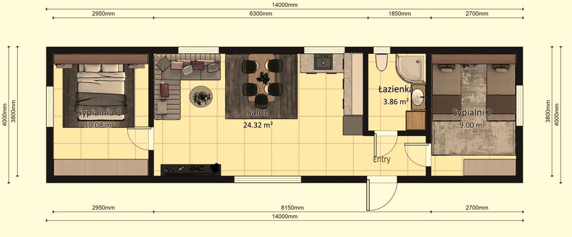 Dom modułowy POSEJDON 4m x 14m Wariant C - Plan z wymiarami