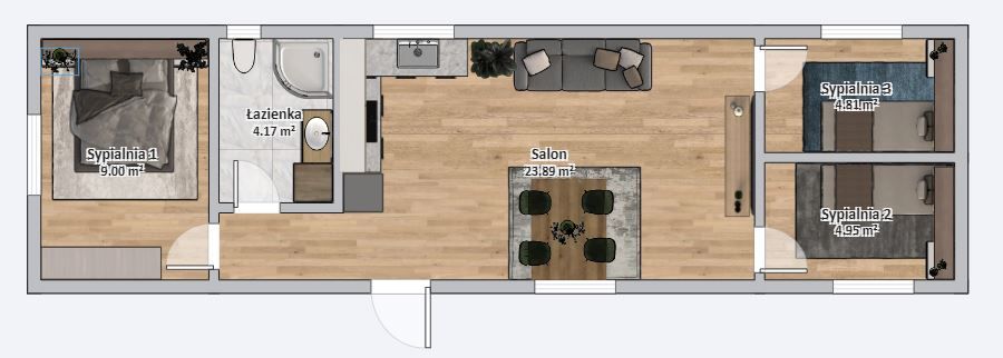 Dom modułowy POSEJDON 4m x 14m Wariant D - Plan z meblami