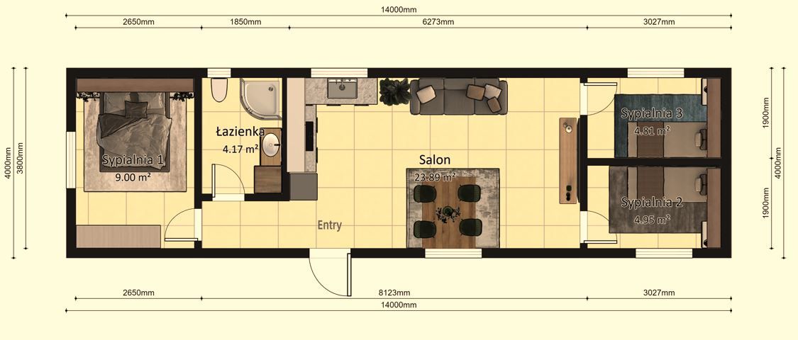 Dom modułowy POSEJDON 4m x 14m Wariant D - Plan z wymiarami