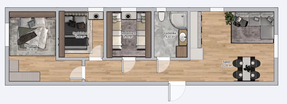 Dom modułowy POSEJDON 4m x 14m Wariant E - Plan z meblami