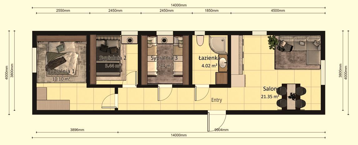 Dom modułowy POSEJDON 4m x 14m Wariant E - Plan z wymiarami