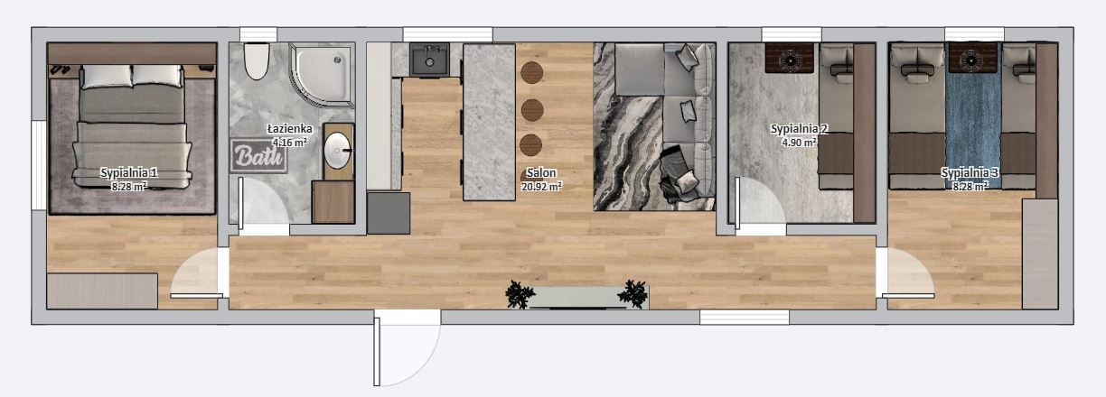 Dom modułowy POSEJDON 4m x 14m Wariant F - Plan z meblami