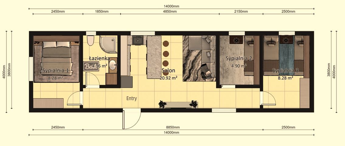 Dom modułowy POSEJDON 4m x 14m Wariant F - Plan z wymiarami