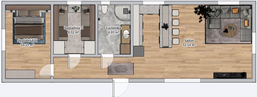 Dom Modułowy ZEUS 4.5m x 14m Wariant A - Plan z meblami<br />
