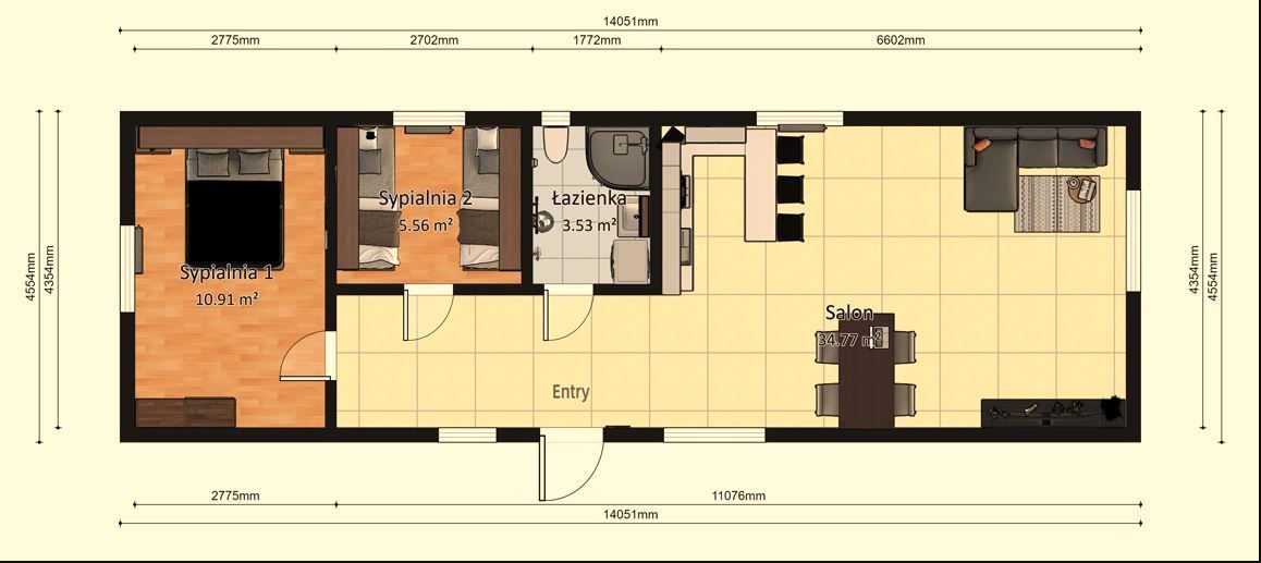 Dom Modułowy ZEUS 4.5m x 14m Wariant A - Plan z wymiarami<br />
