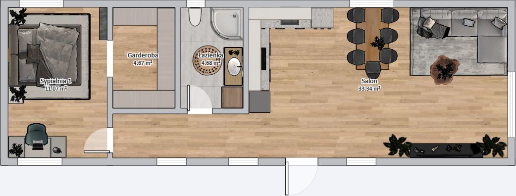 Dom Modułowy ZEUS 4.5m x 14m Wariant B - Plan z meblami