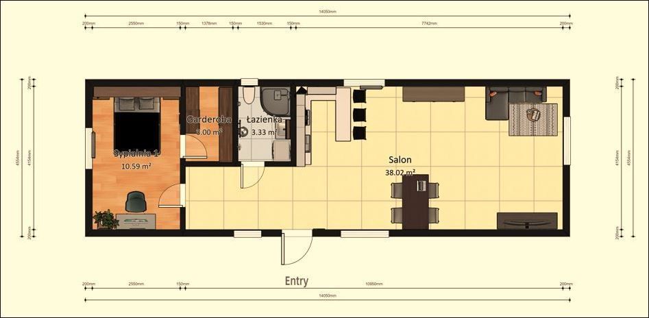 Dom Modułowy ZEUS 4.5m x 14m Wariant B - Plan z wymiarami