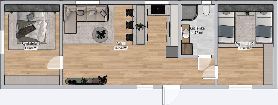 Dom Modułowy ZEUS 4.5m x 14m Wariant C - Plan z meblami