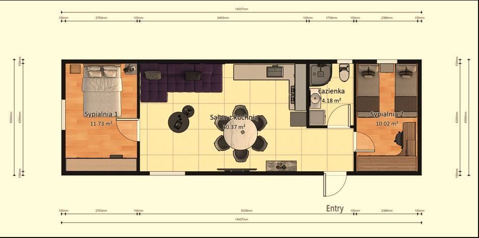 Dom Modułowy ZEUS 4.5m x 14m Wariant C - Plan z wymiarami