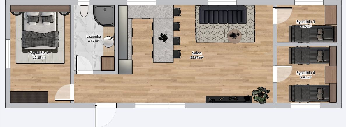 Dom Modułowy ZEUS 4.5m x 14m Wariant D - Plan z meblami