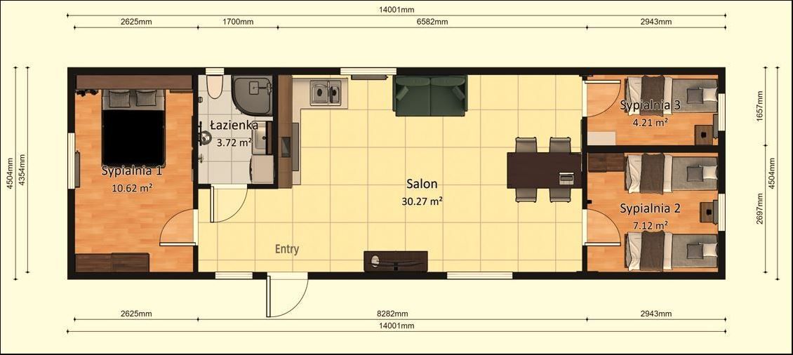 Dom Modułowy ZEUS 4.5m x 14m Wariant D - Plan z wymiarami