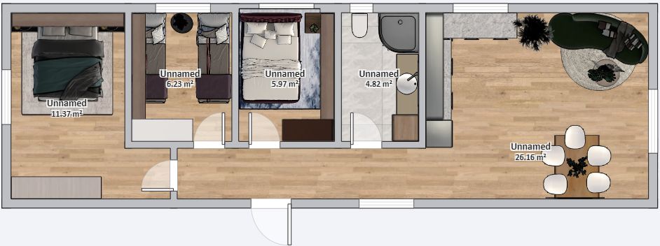 Dom Modułowy ZEUS 4.5m x 14m Wariant E - Plan z meblami<br />
