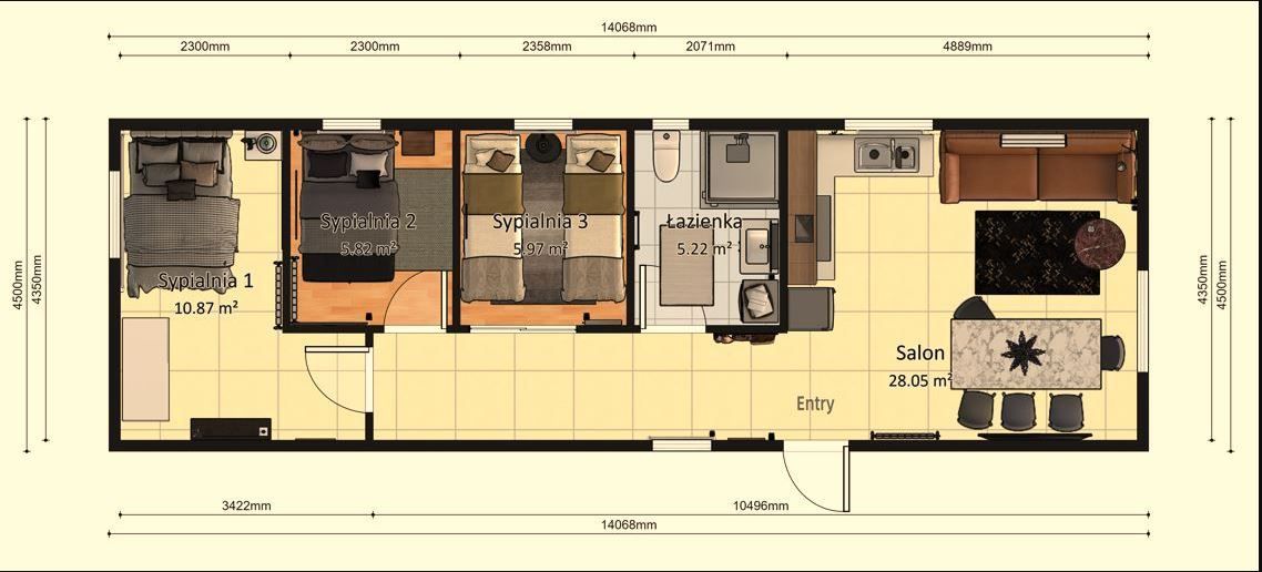 Dom Modułowy ZEUS 4.5m x 14m Wariant E - Plan z wymiarami