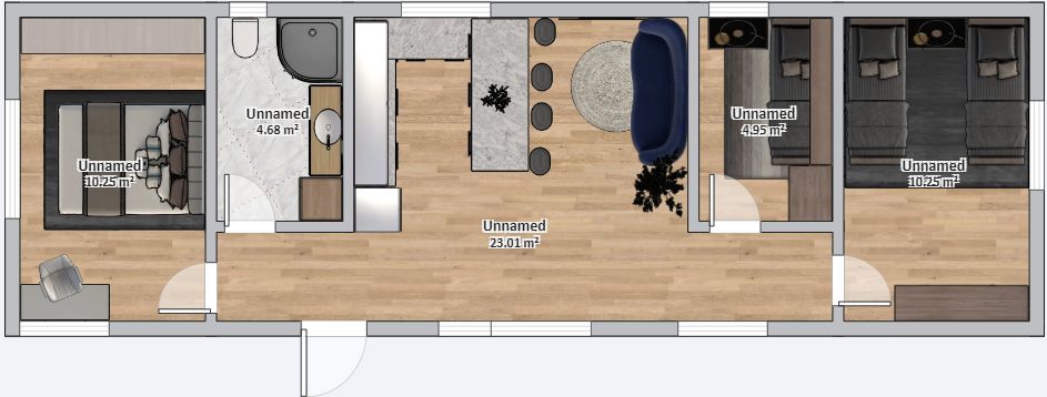 Dom Modułowy ZEUS 4.5m x 14m Wariant F - Plan z meblami
