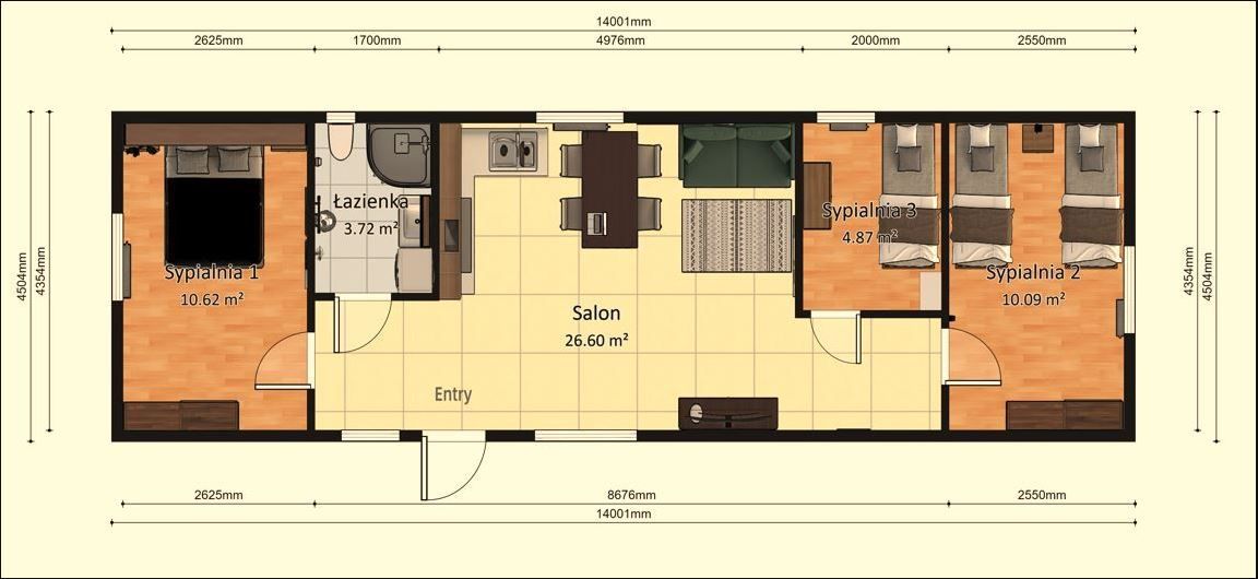 Dom Modułowy ZEUS 4.5m x 14m Wariant F - Plan z wymiarami