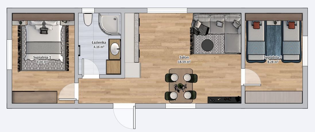 Domek modułowy 4m x 12m Wariant C - Plan z meblami