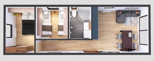 domek mobilny 3.5m x 10m perspektywa z meblami, Salon z Kuchnią, Łazienka , 2 Sypialnie